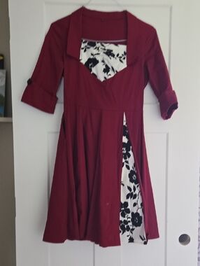 Amazon Girls' Burgundy Fit-and-Flare Dress with Black & White Floral Insets
